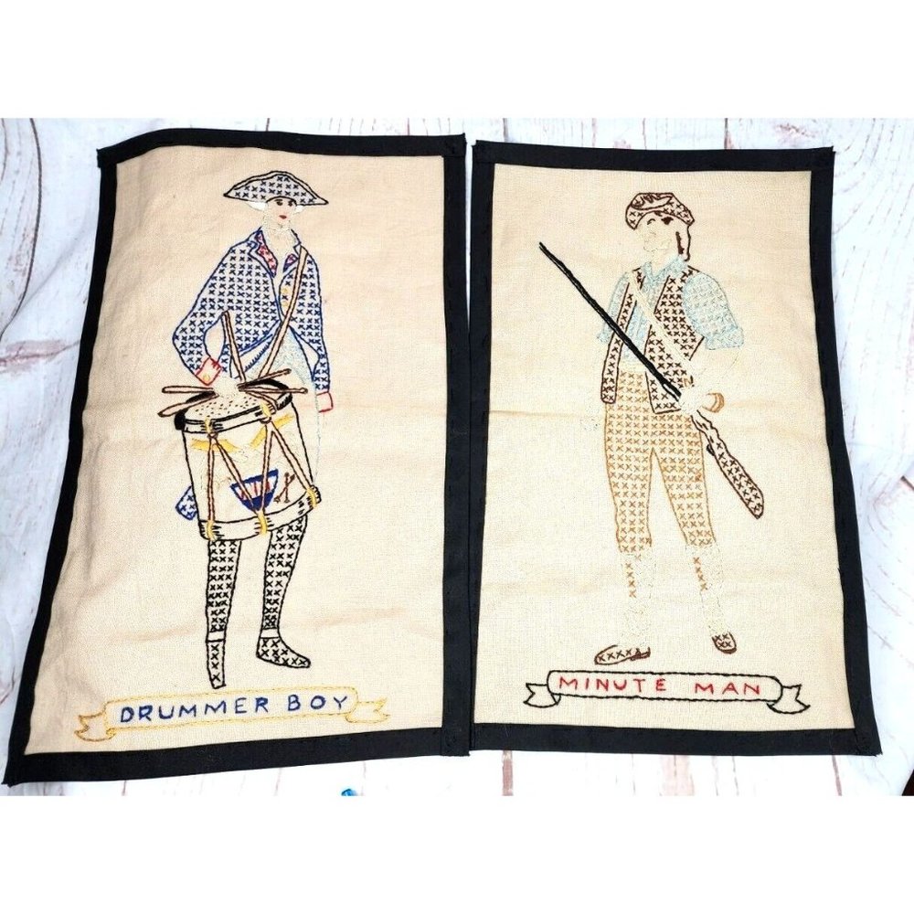 Vtg Finished Cross Stitch Set 2 Colonial Historic Drummer & Minute Man Completed